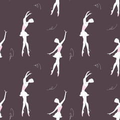 Seamless pattern with cute ballet dancer in various poses. Woman dancing ballet, texture wallpaper template. Silhouette of ballerina on dark background. Hand drawn girl dancer