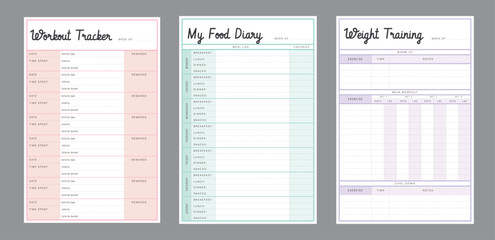 3in1 workout and my food diary and weight training planner. Minimalist planner template set. Vector illustration.