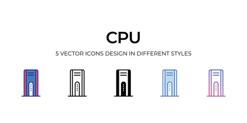 cpu Icon Design in Five style with Editable Stroke. Line, Solid, Flat Line, Duo Tone Color, and Color Gradient Line. Suitable for Web Page, Mobile App, UI, UX and GUI design.