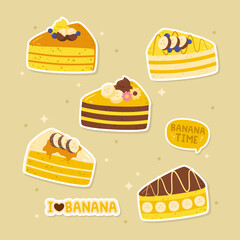 Hand drawn cute banana cake slice sticker set collection vector design