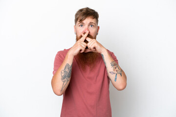 Redhead man with long beard isolated on white background showing a sign of silence gesture
