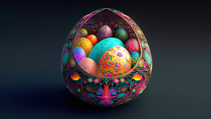 3D Render of Colorful Cloisonne Easter Eggs Basket Or Nest On Black Background And Copy Space. Happy Easter Concept.