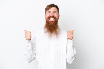 Redhead man with long beard isolated on white background with thumbs up gesture and smiling