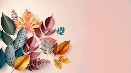 Autumn Leaves on Pastel Pink Background.