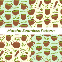 Traditional green tea matcha seamless pattern illustration set collection