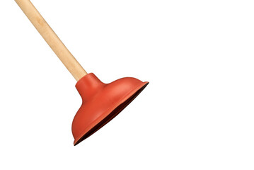 Red toilet plunger with wooden handle isolated on white background. Toilet cleaning equipment.