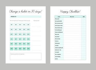30 Days Challenge and Happy checklist planner. Minimalist planner template set. Vector illustration.