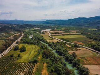 Aerial view Ancient Olympia by drone. Summer Greece. Panorama.