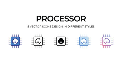 processor Icon Design in Five style with Editable Stroke. Line, Solid, Flat Line, Duo Tone Color, and Color Gradient Line. Suitable for Web Page, Mobile App, UI, UX and GUI design.