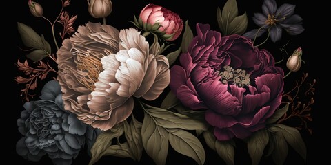 Vintage floral background with peony flowers and leaves. Generative AI