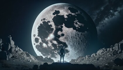 Man standing on the edge of the abyss and looking at the moon. Generative AI