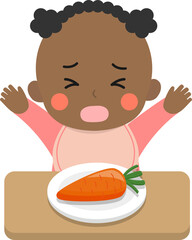Picky eater child or baby with carrots, refusing to eat, crying loudly - obrazy, fototapety, plakaty