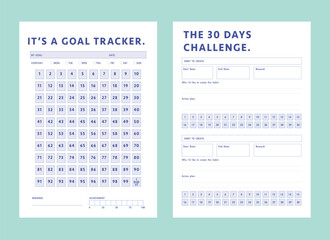 30 Days Challenge and its goal tracker planner. Minimalist planner template set. Vector illustration.