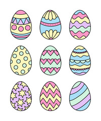 Hand drawn vector illustration isolated on white background. Set of 9 Easter eggs in pastel colors.