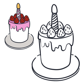 Coloring book with a cute cartoon cake with an example for coloring. Monochrome and color versions. Vector illustration. A simple cake with a bright outline. Cute coloring book for kids.