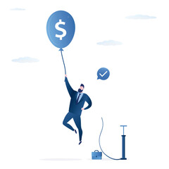Businessman is flying on balloon. Financial independence. Preservation and increase of capital. High salary allows any spending. An independent, financially secure and free man.