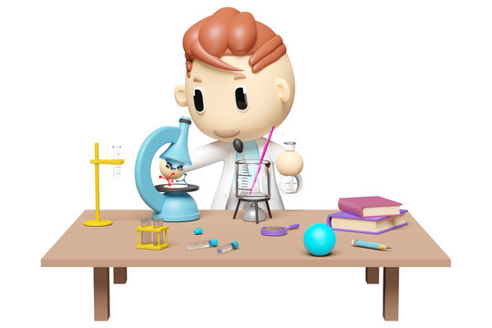 3d miniature cartoon boy character hand hold test tube with science experiment kit, microscope, desk in lab isolated. room innovative education concept, 3d render illustration