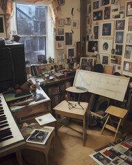 Working environment of an artist, a writer, musician. Generative AI.