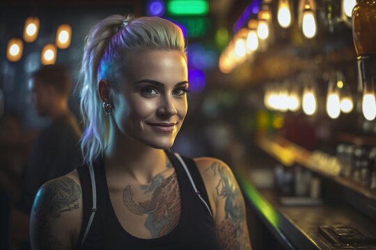 young woman bartender blonde with tattoos serving behind a busy bar smiling. generative AI