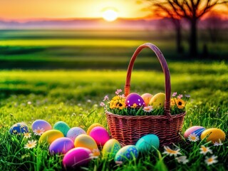 easter eggs in a basket on a field, Generative AI 