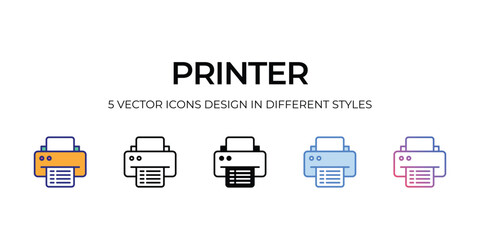 printer Icon Design in Five style with Editable Stroke. Line, Solid, Flat Line, Duo Tone Color, and Color Gradient Line. Suitable for Web Page, Mobile App, UI, UX and GUI design.