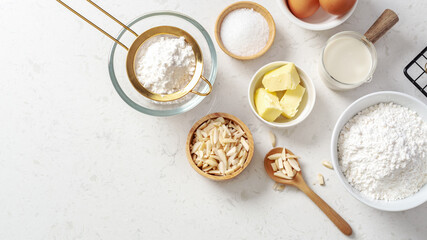 Bakery or cake ingredients with butter, flour, milk, sugar and slivered almonds on marble kitchen table, baking background
