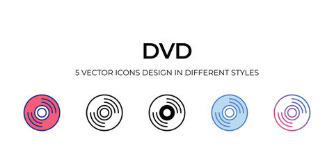 dvd Icon Design in Five style with Editable Stroke. Line, Solid, Flat Line, Duo Tone Color, and Color Gradient Line. Suitable for Web Page, Mobile App, UI, UX and GUI design.