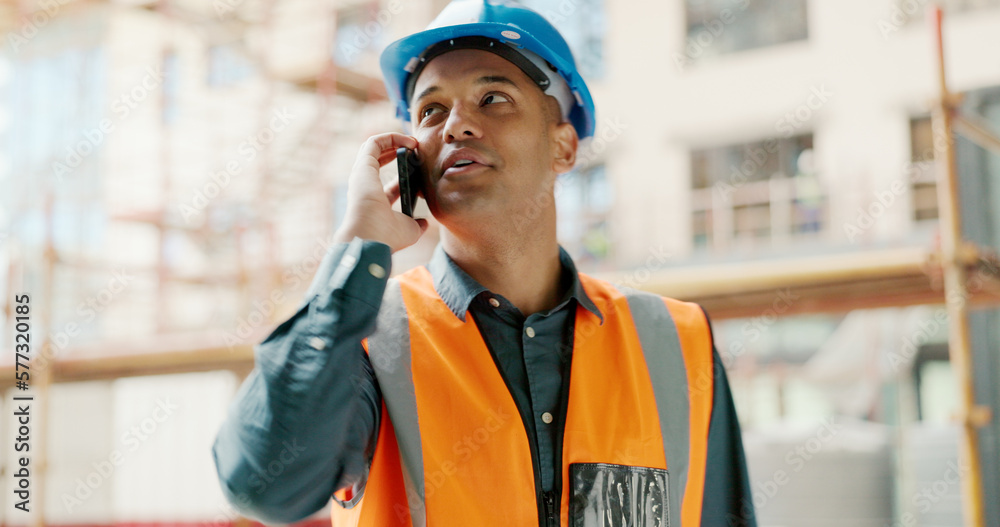 Poster phone call, construction site and engineer man talking for architecture planning, building project a