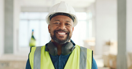Construction, building and construction worker, man and smile in portrait, employee at construction...