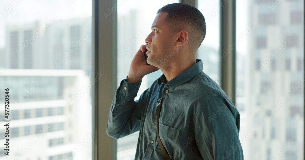 Poster phone call, talking and business man in office building window for client communication, b2b network