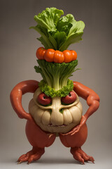 Scary vegetable monster, funny food character, vegetarian thriller. Generative AI