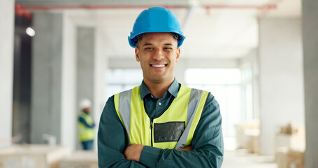 Construction, building and construction worker, man and smile in portrait, employee at construction...