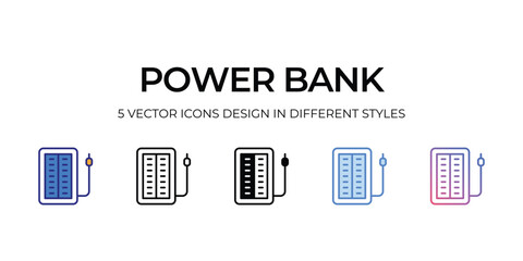 powerbank Icon Design in Five style with Editable Stroke. Line, Solid, Flat Line, Duo Tone Color, and Color Gradient Line. Suitable for Web Page, Mobile App, UI, UX and GUI design.