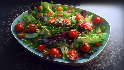 Fresh salad with tomatoes on a plate, Generative AI