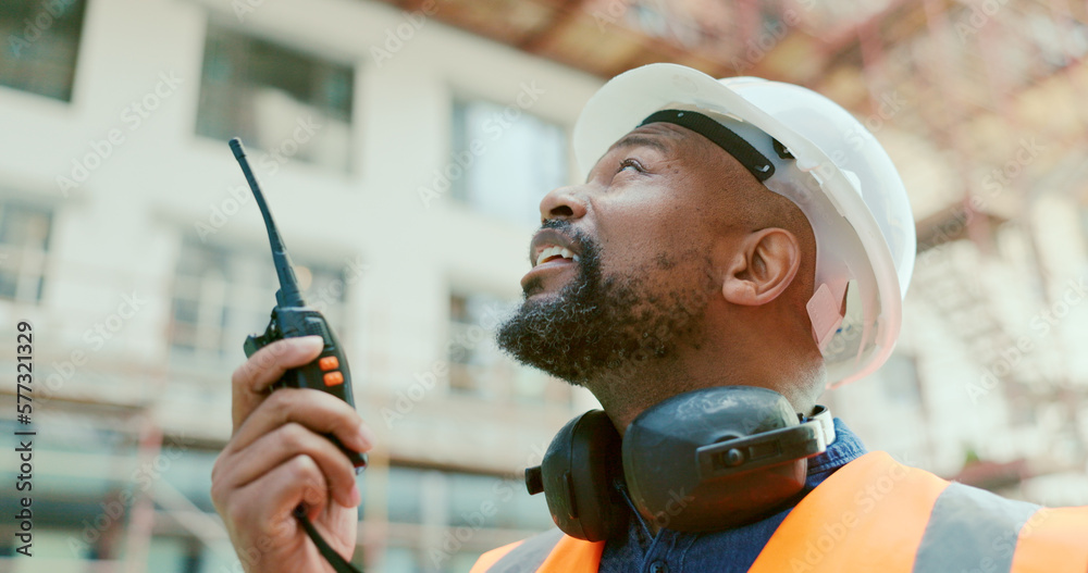 Poster construction site, black man and building manager with walkie talkie for logistics, development and 