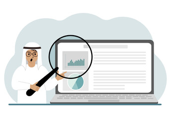 A arab man shows a report, a presentation on a laptop with a magnifying glass vector illustration. Financial business analysis, audit, planning concept.