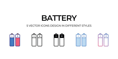 battery Icon Design in Five style with Editable Stroke. Line, Solid, Flat Line, Duo Tone Color, and Color Gradient Line. Suitable for Web Page, Mobile App, UI, UX and GUI design.