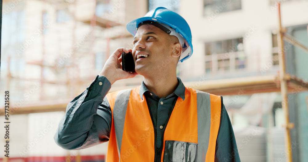 Poster Phone call, construction site and engineer man talking for architecture planning, building project and industrial development. Builder contractor or worker cellphone conversation for property update