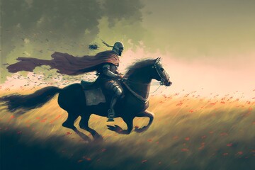 Obraz na płótnie Canvas knight riding a horse running in the meadow, digital art style, illustration painting, Generative AI