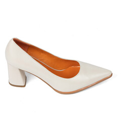 Beige comfortable office women's shoes with black sole with thick heels and a sharp nose on a white background