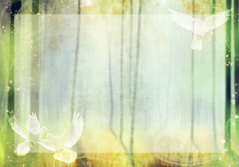 古い布の質感・白い鳩のいる明るい森のイラスト（クラシカルグリーン）