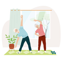 Elderly couple do gymnastics exercises at home Active mature man and woman enjoy sport and healthy lifestyle together. Active retirement. Vector flat illustration.