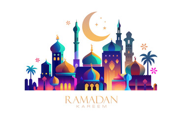 Ramadan Kareem Geometric style colorful greeting card or banner vector illustration of a lantern Fanus. the Muslim feast of the holy month of Ramadan Kareem. Translation Arabic: Generous Ramadan - obrazy, fototapety, plakaty