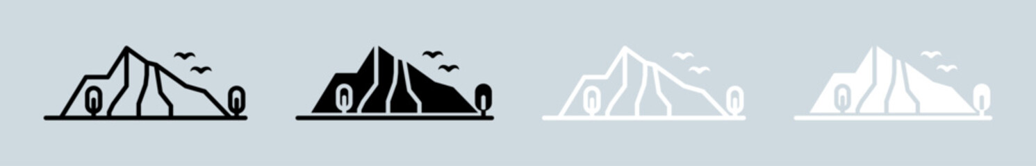 Mountain icon set in black and white. Adventure signs vector illustration.