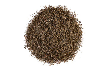 Overhead view of dried Patchouli leaves and twigs (Pogostemon cablin) , isolated on white background