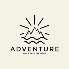 Fototapeta premium Mountain, Sea Ocean Wave and Sun for Vintage Adventure Outdoor Traveling Label Stamp logo design