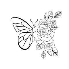 Linear butterfly wing with rose flowers. Beautiful hand drawn vector illustration. T-shirt print template.