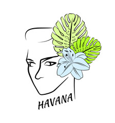 Outline beautiful lady portrait, t-shirt print template. Hand drawn female face with tropical flowers. Havana.
