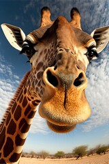 Giraffe looking at the camera. Generative AI photorealistic illustration