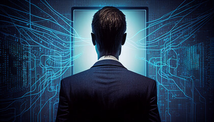 uomo d'affari guarda la rete e il network e il monitor